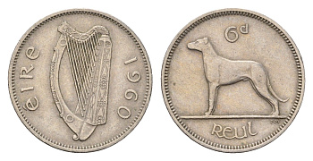 Ирландия 6 пенсов 1960 собака, ирландский волкодав KM 13a медно-никель 4696-523