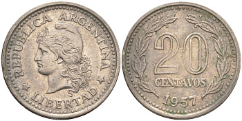 Аргентина 20 сентаво 1957 голова Свободы влево KM 55 сталь плакированная никелем 219-1224