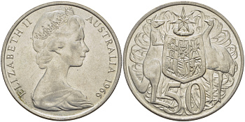 Австралия 50 центов 1966 Елизавета II (1952-2022), герб Австралии, кенгуру KM 67 серебро 82-825