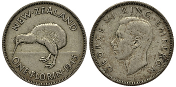 Новая Зеландия 1 флорин 1945 Георг VI (1936-1952), птичка киви KM 10.1 серебро 272-1622