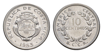 Коста-Рика 10 сентимо 1953 KM 185.1a нержавеющая сталь UNC 4644-334