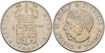 Швеция 1 крона 1971 U, Густав VI Адольф (1950-1973) KM 826a медь плакированный медно-никелем 4150-321