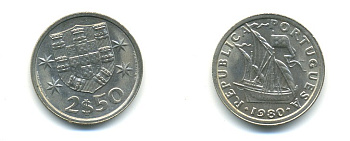 Португалия 2,5 эскудо 1980 парусник KM 590 медно-никель 176-157