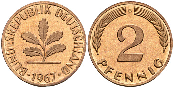 ФРГ 2 пфеннига 1967 G KM106, J.381 бронза PROOF 1094-7-44
