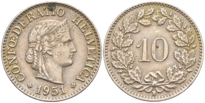 ШВЕЙЦАРИЯ 10 РАППЕНОВ 1951 В KM 27 медно-никель 55-232