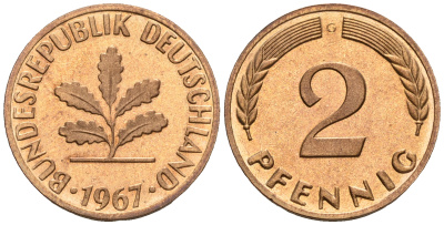ФРГ 2 пфеннига 1967 G KM106, J.381 бронза PROOF 00-00