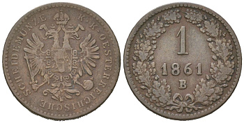 Австрия 1 крейцер 1861 B, Франц Иосиф I (1848-1916) KM 2186 медь 4617-946