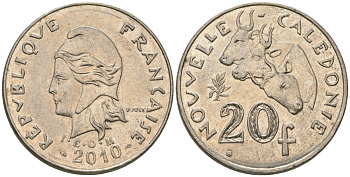 Французская Новая Каледония 20 франков 2010 три быка, (IEOM) KM 12a, Schoen 14a медно-никель 4137-423