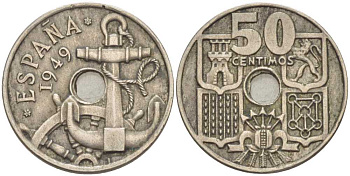 ИСПАНИЯ 50 СЕНТИМО 1949 (51) ФРАНСИСКО ФРАНКО ДИКТАТОР ИСПАНИИ (1939-1975), МОРСКАЯ АТРИБУТИКА KM 777 медно-никель 213-122