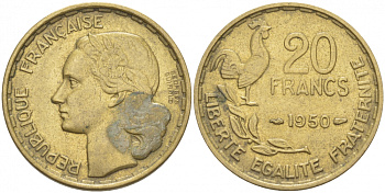 ФРАНЦИЯ 20 ФРАНКОВ 1950 ПОЛНАЯ ПОДПИСЬ, 3 ПЕРА KM 916.1 алюминиевая бронза 77-926