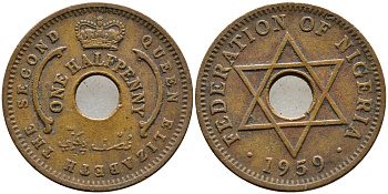 Нигерия 1/2 пенни 1959 Елизавета II (1952-), Британский протекторат KM 1 бронза 4387-362