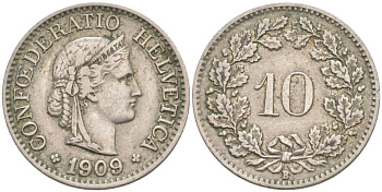 ШВЕЙЦАРИЯ 10 РАППЕНОВ 1909 В KM 27 медно-никель 96-1136