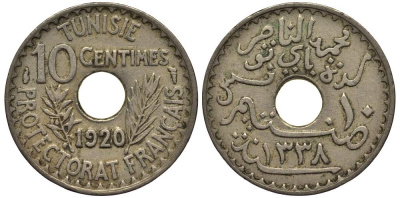 ТУНИС 10 САНТИМОВ 1920 АН1338, MOHAMMAD al-NASIR BEY KM 243 никель бронза 4182-1144