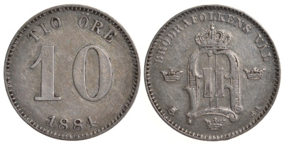 Швеция 10 эре 1884 Оскар II (1872-1907) король Швеции и Норвегии KM 755 серебро 4179-521
