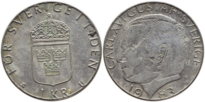Швеция 1 крона 1983 Карл XVI Густав (1973- ) KM 852a медно-никель 4397-1114