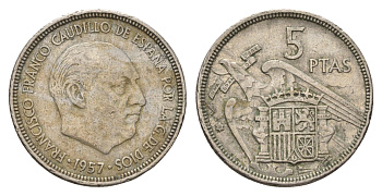 Испания 5 песет 1957 (58) Франсиско Франко (1939-1975) KM 786 медно-никель 4707-324