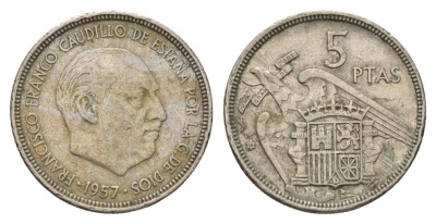 Испания 5 песет 1957 (58) Франсиско Франко (1939-1975) KM 786 медно-никель 4707-324