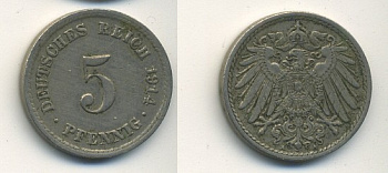 ГЕРМАНИЯ 5 ПФЕННИГОВ 1914 A, KM 11, J. 12 медно-никель 54-547