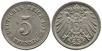 ГЕРМАНИЯ 5 ПФЕННИГОВ 1913 А, KM 11, J. 12 медно-никель 4364-134