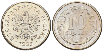 ПОЛЬША 10 ГРОШЕЙ 1992 MW KM 279 медно-никель UNC 187-922
