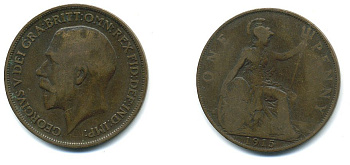 Великобритания 1 пенни 1915 Георг V (1910-1936) KM 810, Spink 4051 бронза 4110-126