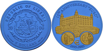 Либерия 5 долларов 2005 10 лет евро, страны не присоединившиеся к еврозоне, Словакия, монеты с сертификатом, би-колор (два цвета), вес 7,78 гр., диаметр 35 мм. KM 866 ниобий  UNC  1066-9-33