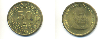 ПЕРУ 50 СЕНТИМО 1988 LIMA, МАНУЭЛЬ ГРАУ KM 295 латунь 89-1434