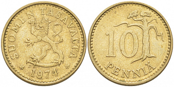 ФИНЛЯНДИЯ 10 ПЕННИ 1974 S KM 46 алюминиевая бронза 3718-128