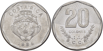 КОСТА-РИКА 20 КОЛОН 1985 сс KM 216.2 нержавеющая сталь 82-135
