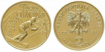 Польша 2 злотых 1998 MW, XVIII Зимние Олимпийские игры в Нагано 1998 года, сноуборд KM 335 нордик  UNC  4521-143