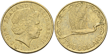 Новая Зеландия 2 доллара 2011 Елизавета II (1952-2022), большая белая цапля KM 121 алюминиевая бронза 79-231
