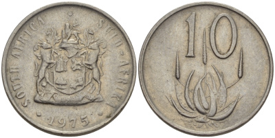 ЮАР 10 ЦЕНТОВ 1975 ГЕРБ, ЦВЕТОК АЛОЭ KM 85 никель 67-416