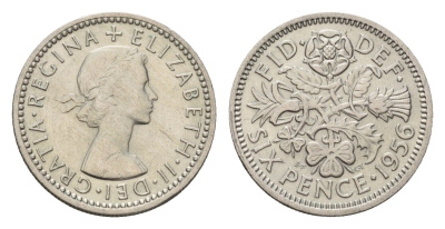 Великобритания 6 пенсов 1956 Елизавета II (1952-2022) KM 903, Spink 4149 медно-никель 4651-1154