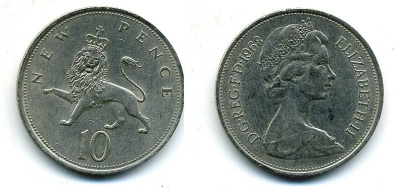 Великобритания 10 пенсов 1968 Елизавета II (1952-2022) KM 912, Spink 4231 (F1) медно-никель  4110-1041