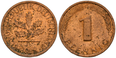 ФРГ 1 пфенниг 1988 D KM 105, J.380 сталь плакированная медью 4189-847