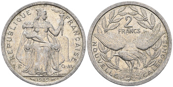 Французская Новая Каледония 2 франка 1989 птица кагу, (IEOM) KM 14, Schoen 11, Lec 65 алюминий    27-1113