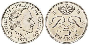 Монако 5 франков 1974 Ренье III (1949-2005), тираж 7.000 экземпляров KM 150 медь плакированная никелем BU 4667-725