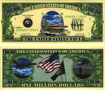 США 1000000 ДОЛЛАРОВ 2001 СУВЕНИРНАЯ БАНКНОТА, СЕРИЯ ВООРУЖЕННЫЕ СИЛЫ США, АВИАНОСЕЦ, САМОЛЕТ, ВЕРТОЛЕТ, ВВС США бумага UNC (ПРЕСС) 7198-35-3-1