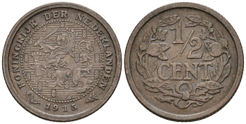 Нидерланды 1/2 цента 1915 Вильгельмина (1890-1948) KM 138 бронза 4576-362