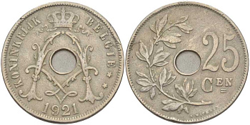 БЕЛЬГИЯ 25 САНТИМОВ 1921 BELGIE KM 69 медно-никель 213-315