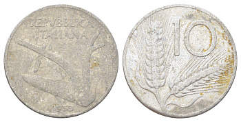 Италия 10 лир 1953 R, плуг, колосья KM 93 алюминий 3336-741