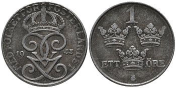 Швеция 1 эре 1945 Густав V (1907-1950), serif 4 KM 810 железо 188-1254