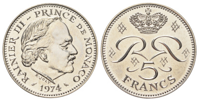 Монако 5 франков 1974 Ренье III (1949-2005), тираж 7.000 экземпляров KM 150 медь плакированная никелем BU 4667-725
