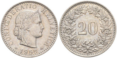 ШВЕЙЦАРИЯ 20 РАППЕНОВ 1958 В KM 29a медно-никель 55-747