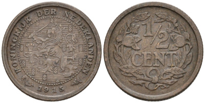 Нидерланды 1/2 цента 1915 Вильгельмина (1890-1948) KM 138 бронза 4576-362