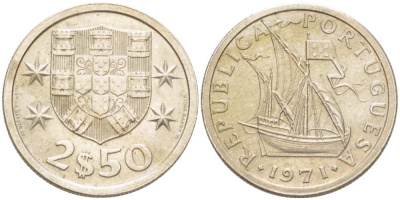 ПОРТУГАЛИЯ 2,5 ЭСКУДО 1971 ПАРУСНИК KM 590 медно-никель XF 4513-1141