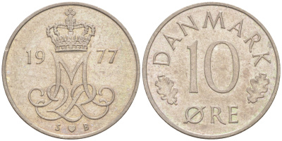 ДАНИЯ 10 ЭРЕ 1977 S; B, МАРГРЕТЕ II (1972-) KM 860.1 медно-никель 187-554