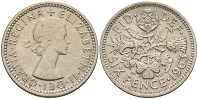 Великобритания 6 пенсов 1963 Елизавета II (1952-2022) KM 903, Spink 4149 медно-никель 4364-3652