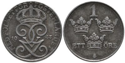 Швеция 1 эре 1945 Густав V (1907-1950), serif 4 KM 810 железо 188-1254