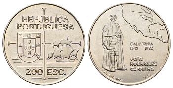 Португалия 200 эскудо 1992 450 лет открытию Калифорнии KM 661 медно-никель UNC 118-121